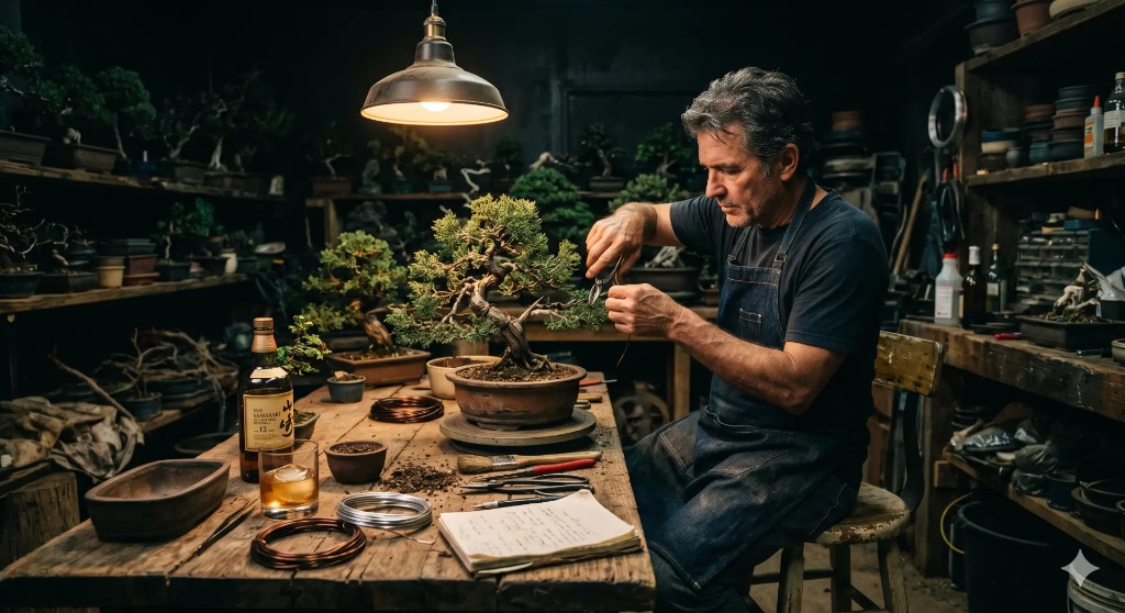 Artist at the bench pruning a bonsai in the workshop