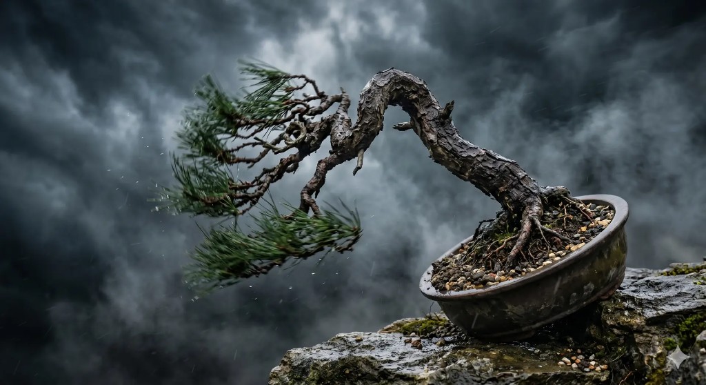 Bonsai in storm light against dark sky