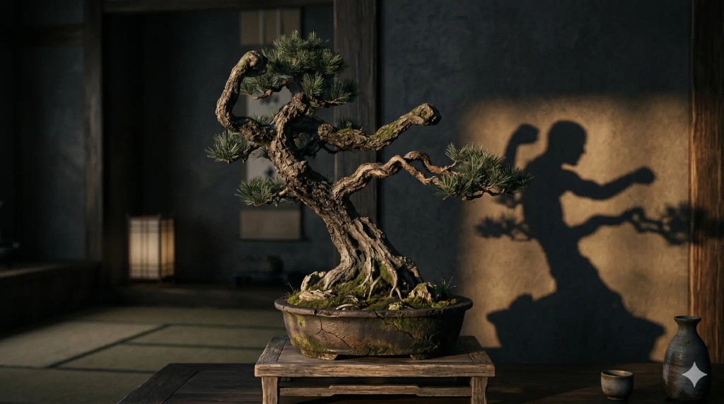 Bonsai with shadow on a warm wall